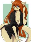  anthro arched_back basitin breasts cleavage clothed clothing eyewear fan_character female firetally floof fur glasses hair hand_in_hair leaning leaning_forward looking_at_viewer mammal open_shirt rain_spencer red_hair shirt skimpy smile solo tan_fur teasing twokinds wide_hips 