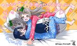  bangs barefoot bed blush commentary_request dakimakura_(object) grey_hair hair_between_eyes hug jumping kisaragi_mizu long_hair love_live! love_live!_school_idol_project lying minami_kotori multiple_girls one_side_up open_mouth pajamas pillow pillow_hug pouncing sonoda_umi text_focus yellow_eyes yuri 