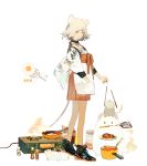  1girl animal_ears bowl egg food frying_pan highres kukka ladle looking_at_viewer mouse mouse_ears mouse_tail orange_eyes orange_ribbon original oven plate pot ribbon smile spatula stove tail transparent_background white_hair 