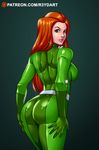  1girl ass back belt bent_over bodysuit breasts from_behind green_eyes long_hair looking_at_viewer naughty_face orange_hair r3ydart sam_(totally_spies) solo spandex totally_spies 