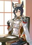  1hand1cup animal_ears armor bag black_gloves black_hair breasts chain chair closed_mouth cup double-breasted ear_piercing erune feet_out_of_frame fork gloves granblue_fantasy hair_between_eyes hinami_(hinatamizu) holding holding_cup ilsa_(granblue_fantasy) indoors knife long_sleeves looking_at_viewer medium_breasts midriff military military_uniform on_chair piercing plate red_eyes saucer short_hair shoulder_armor shoulder_bag side_cutout sideboob sitting smile solo uniform window 