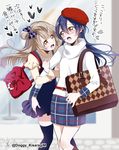  arm_grab bag bangs blue_hair blue_legwear blush commentary_request grey_hair hair_between_eyes hat highres kisaragi_mizu long_hair looking_at_another love_live! love_live!_school_idol_project minami_kotori multiple_girls one_side_up open_mouth plaid plaid_skirt skirt sonoda_umi text_focus thighhighs yellow_eyes 