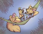  2018 4_toes 5_fingers anthro beverage canine cheek_tuft chest_tuft clothing crossed_legs elbow_tufts eyes_closed fluffy fluffy_tail fox fur hammock hand_behind_head hawaiian_shirt holding_object male mammal outside pawpads relaxing sepia_(artist) shirt simple_background smile solo tan_fur toes tuft 