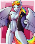  2018 anthro anthrofied bikini blue_feathers border breasts camel_toe clothing equine eyewear feathered_wings feathers female friendship_is_magic hair hand_in_pocket hi_res jacket long_hair looking_at_viewer mammal marik_azemus34 multicolored_hair multicolored_tail my_little_pony navel off_shoulder pegasus ponytail rainbow_dash_(mlp) rainbow_hair rainbow_tail smile solo sunglasses swimsuit white_border wings 