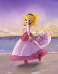  1girl alternate_hairstyle bare_arms beach blonde_hair blue_eyes blush bracelet breasts cloud crown dress earrings high_heels jewelry lips looking_at_viewer looking_back mario_(series) mini_crown nm_qi open_mouth outdoors ponytail princess_peach sand sky sleeveless sleeveless_dress solo super_mario_bros. super_mario_sunshine teeth twitter_username umbrella water 