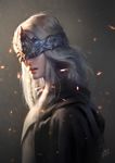  2017 blindfold blonde_hair cape capelet covered_eyes dark_souls_iii dated dress embers facing_viewer fire_keeper from_side highres lips long_hair mask nose open_mouth realistic signature solo souls_(from_software) starry_chen upper_body 