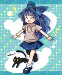  animal bangs black_cat blue_bow blue_footwear blue_hair blue_skirt bow cat closed_eyes drawstring full_body hair_bow hood hoodie long_hair mary_janes miniskirt open_mouth outstretched_arms pote_(ptkan) shoes skirt smile socks solo touhou white_legwear yorigami_shion 