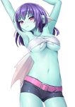  aqua_skin arms_up belt blush breasts cleavage dragon_quest dragon_quest_x fins head_fins kz_ripo looking_at_viewer medium_breasts medium_hair midriff navel purple_eyes purple_hair short_shorts shorts smile solo underboob weddie_(dq10) white_background 