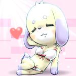  &lt;3 :3 blush bow bra breasts clothing daisy_(animal_crossing) eyes_closed fallinnight feet female full_body navel panties pink_background raised_arm simple_background sitting smile solo underwear 