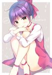  amedamacon ass bangs blush bow choker collarbone convenient_leg crossed_ankles dress eyebrows_visible_through_hair full_body gegege_no_kitarou hair_bow hair_bun high_heels leg_hug licking long_sleeves looking_at_viewer nekomusume nekomusume_(gegege_no_kitarou_6) nyan purple_hair red_bow red_choker red_dress red_footwear shirt short_dress short_hair sitting solo speech_bubble tongue tongue_out white_shirt yellow_eyes 