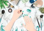  absurdres aqua_hair aqua_nails brand_name_imitation brush cosmetics counter female_pov fingernails hands hatsune_miku highres kinosuke_(pattaba) lipstick long_fingernails lotion_bottle makeup makeup_brush nail_polish nail_polish_bottle nivea out_of_frame painting_nails pov solo vocaloid 