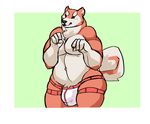  2016 4_fingers anthro belly border bulge canine clothed clothing dog dusty-pixels fur jockstrap male mammal musclegut muscular muscular_male navel orange_fur outside_border overweight shiba_inu simple_background skimpy smile solo standing topless underwear white_border white_fur 