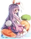  animal_ears bangs blush bunny_ears bunny_tail carrot_pillow full_body long_hair miniskirt pink_skirt piyokichi profile puffy_sleeves purple_hair red_eyes reisen_udongein_inaba shirt sitting skirt socks solo straddling tail touhou very_long_hair white_legwear white_shirt 