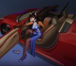  anthro black_hair blue_dress blue_eyes breasts canid canine car cheek_tuft choker cleavage clothed clothing convertible female fox furstang guitar hair legwear long_hair looking_at_viewer mammal mirror musical_instrument red_fox sitting smile solo spread_legs spreading thigh_highs tuft vehicle wheel windshield 