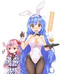  animal_ears bare_shoulders black_gloves black_legwear blue_hair blush bow breasts bunny_ears bunny_girl bunny_tail bunnysuit cleavage cup detached_collar drinking_glass drinking_straw eighth_note eyebrows_visible_through_hair fatkewell girls_frontline gloves hair_between_eyes hair_bow half_gloves hexagram large_breasts leotard long_hair multiple_girls musical_note negev_(girls_frontline) open_mouth pantyhose pink_hair red_bow red_eyes simple_background star_of_david tail tar-21_(girls_frontline) tray white_background white_gloves white_leotard wrist_cuffs yellow_eyes 
