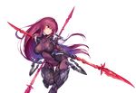  blush bodysuit breasts fate/grand_order fate_(series) long_hair navel nidy-2d- petals photoshop purple_hair red_eyes scathach_(fate/grand_order) skintight skirt_lift spear watermark weapon 