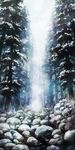  commentary_request day fog grass highres no_humans original outdoors pine_tree river rock scenery snow tree winter 