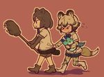  &gt;_&lt; african_wild_dog_(kemono_friends) african_wild_dog_print animal_ears bear_ears bear_girl bear_paw_hammer bear_tail black_hair blush boots bow bowtie brown_bear_(kemono_friends) closed_eyes dog_ears dog_tail elbow_gloves extra_ears fingerless_gloves flying_sweatdrops gloves kemono_friends long_sleeves lucky_beast_(kemono_friends) multicolored_hair multiple_girls ouka_(yama) outdoors print_sleeves red_background shirt_tug short_hair short_over_long_sleeves short_sleeves simple_background skirt tail two-tone_hair walking white_hair 