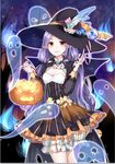  basket black_hat bloomers bow breasts brown_eyes brown_skirt cleavage cross-laced_clothes ghost hat hat_bow jack-o'-lantern long_hair looking_at_viewer night original parted_lips pointy_ears purple_hair skirt small_breasts standing underwear very_long_hair wand witch_hat yuu_li_(glass) 