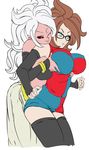  ;) absurdres ahoge alternate_legwear android_21 arm_warmers bandeau bare_shoulders black_panties breast_grab breasts brown_hair caisamax checkered checkered_dress commentary dragon_ball dragon_ball_fighterz dress dual_persona glasses grabbing groping harem_pants highres large_breasts long_hair majin_android_21 multiple_girls navel one_eye_closed panties pants pantyshot pantyshot_(standing) parted_lips pink_hair pink_skin selfcest short_dress sleeveless sleeveless_dress smile standing thighhighs underwear white_hair yuri 