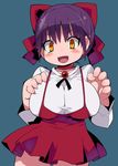  :d blue_background blush breasts choker commentary_request dress eyebrows_visible_through_hair fangs fingernails gegege_no_kitarou hair_ribbon hands_up highres large_breasts long_sleeves looking_at_viewer nekomusume nekomusume_(gegege_no_kitarou_6) open_mouth orange_eyes pointy_ears purple_hair red_choker red_dress red_ribbon ribbon sharp_fingernails shirt short_hair simple_background slit_pupils smile solo standing white_shirt zankuro 