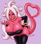  1girl :p android_21 bandeau bent_over black_sclera breasts cleavage cupcake dragon_ball dragon_ball_fighterz half-closed_eyes heart highres huge_breasts looking_at_viewer majin_android_21 nail_polish pink_skin solo tail thighhighs tongue tongue_out white_hair 