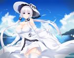  azur_lane bangs blue_eyes breasts commentary_request day dress elbow_gloves garter_straps gloves hair_ribbon hat highres illustrious_(azur_lane) large_breasts looking_at_viewer low_ponytail mole mole_under_eye outdoors ponytail ribbon sidelocks sky smile solo surota thighhighs tress_ribbon white_dress white_gloves white_hair zettai_ryouiki 