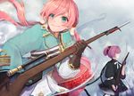  bayonet blush bolt_action carcano carcano_m91/38_(girls_frontline) commentary epaulettes ferrel_(rocher_71) girls_frontline gloves green_eyes gun highres long_hair looking_to_the_side m1891_(girls_frontline) military military_uniform multiple_girls pink_hair purple_hair rifle scope skirt smile uniform weapon 