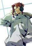  alternate_costume asymmetrical_hair closed_mouth coat eyebrows_visible_through_hair fingernails fur_trim hand_in_pocket hand_up headphones highres hood hood_down hoodie jojo_no_kimyou_na_bouken kakyouin_noriaki kotatsu_(g-rough) long_hair long_sleeves looking_at_viewer male_focus red_eyes red_hair solo standing stardust_crusaders upper_body winter_clothes 