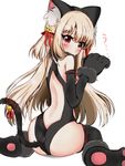  animal_ears ass backless_outfit bangs bare_shoulders bell black_gloves black_legwear black_leotard bow cat_ears cat_girl cat_tail closed_mouth commentary_request elbow_gloves eyebrows_visible_through_hair fake_animal_ears fate/kaleid_liner_prisma_illya fate_(series) flying_sweatdrops fur_collar gloves hair_bell hair_between_eyes hair_bow hair_ornament head_tilt illyasviel_von_einzbern jingle_bell leotard light_brown_hair long_hair looking_at_viewer looking_to_the_side paw_gloves paw_shoes paws peru_(perushee) red_bow red_eyes red_ribbon ribbon shoes simple_background sitting solo tail tail_bell tail_raised tail_ribbon tears thighhighs two_side_up very_long_hair wariza wavy_mouth white_background 
