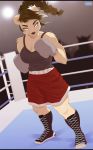  2018 anthro blue_eyes boxing boxing_gloves braided_hair brown_hair chest_tuft clothing cub_brawler eyebrows eyelashes female fighting_ring footwear fur gizmo0sue hair hi_res looking_at_viewer mammal muscular muscular_female shirt shorts solo sport tank_top tuft ursid 