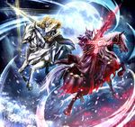  armor armored_boots artoria_pendragon_(all) artoria_pendragon_(lancer) artoria_pendragon_(lancer_alter) black_armor boots dun_stallion fate/grand_order fate_(series) flower full_armor full_body full_moon gauntlets helmet highres holding holding_sword holding_weapon horse llamrei_(fate) masukudo_(hamamoto_hikaru) moon multiple_girls night outdoors red_eyes riding sword weapon white_flower 