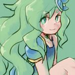  big_hair cape commentary_request eyebrows_visible_through_hair final_fantasy final_fantasy_iv green_eyes green_hair hair_ornament leotard long_hair looking_at_viewer rydia single_bare_shoulder single_pauldron smile solo sunagimo_(nagimo) very_long_hair younger 