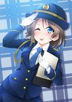 ;p armband belt blue_background blue_eyes blue_neckwear buttons clipboard female_service_cap gloves grey_hair hat jacket looking_at_viewer love_live! love_live!_sunshine!! necktie one_eye_closed pencil_skirt police police_hat police_uniform policewoman saitou_shuka salute seiyuu_connection shimizu_yuu short_hair skirt smile solo tongue tongue_out uniform watanabe_you white_gloves 