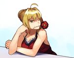  ahoge bangs bare_arms bare_shoulders blonde_hair blue_background braid breasts cleavage closed_mouth dress fate/grand_order fate_(series) flower hair_bun hair_intakes idk-kun large_breasts looking_at_viewer modern_costume_of_crimson mouth_hold nero_claudius_(fate) nero_claudius_(fate)_(all) one_eye_closed red_dress red_eyes red_flower red_rose rose short_hair smile solo 