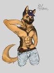  belt brown_fur brown_hair canine clothed clothing cosplay dog fur german_shepherd hair hand_on_neck handcuffs hat jeans looking_at_viewer male mammal open_mouth pants pplover shackles shy topless 
