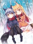  :o animal_ears black_legwear blonde_hair blue_gloves blue_jacket blue_sky blurry blurry_background blush breasts brown_gloves closed_mouth commentary day depth_of_field dutch_angle eyebrows_visible_through_hair ezo_red_fox_(kemono_friends) forest fox_ears fox_tail fur_trim gloves grey_hair hair_between_eyes jacket kemono_friends large_breasts long_hair long_sleeves looking_at_another looking_at_viewer multiple_girls murasakigo nature orange_jacket pantyhose parted_lips pleated_skirt silver_fox_(kemono_friends) silver_hair sitting skirt sky smile snow snowing tail tree white_skirt yellow_eyes 