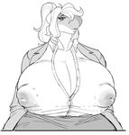  ambiguous_species anthro big_breasts breasts cabigoola clothed clothing female hi_res huge_breasts hyper hyper_breasts lactating monochrome nipple_bulge obese overweight solo 