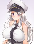  azur_lane bangs belt black_belt blush breasts commentary_request enterprise_(azur_lane) eyebrows_visible_through_hair hat hechi_(hechi322) highres large_breasts long_hair looking_at_viewer necktie peaked_cap purple_eyes shirt silver_hair simple_background sleeveless solo very_long_hair 
