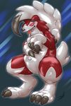  2016 3_fingers 3_toes abstract_background absurd_res animate_inanimate anthro belly black_nose blue_background canine claws digital_drawing_(artwork) digital_media_(artwork) drooling hi_res inflatable living_inflatable looking_at_viewer lycanroc male mammal midnight_lycanroc nintendo nozzle nude pok&eacute;mon pok&eacute;mon_(species) pool_toy red_eyes rubber saliva simple_background solo stormdragonblue toe_claws toes tongue tongue_out video_games 