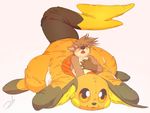  2015 5_fingers anthro black_nose brown_fur clothed clothing digital_drawing_(artwork) digital_media_(artwork) eyes_closed fur furry_character_wearing_fursuit fursuit hi_res male mammal mao_otter multicolored_fur mustelid nintendo open_mouth otter pok&eacute;mon pok&eacute;mon_(species) raichu rodent simple_background solo stormdragonblue tan_fur tongue topless two_tone_fur video_games 