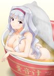  artist_name ass bathing bikini breasts collarbone covered_nipples dated elbows_on_table food hairband idolmaster idolmaster_(classic) in_bowl in_container in_food instant_ramen large_breasts long_hair looking_at_viewer micro_bikini minigirl noodles partially_submerged purple_eyes purple_hairband ramen shijou_takane silver_hair smile solo steam sunsun69 swimsuit thong wavy_hair white_bikini 