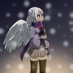  :o alternate_costume beige_skirt black_background black_shirt blurry boots bow bowtie breath can cato_(monocatienus) coat depth_of_field half_updo holding holding_can kishin_sagume looking_to_the_side looking_up miniskirt open_clothes open_coat purple_scarf red_eyes red_neckwear scarf shirt short_hair silver_hair single_wing skirt snowing solo thigh_boots thighhighs touhou wings zettai_ryouiki 