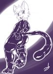  2015 5_fingers anthro bodysuit butt cat clothed clothing digital_drawing_(artwork) digital_media_(artwork) feline fur greyscale hi_res long_tail looking_at_viewer looking_back male mammal monochrome open_mouth rubber shiny simple_background skinsuit smile solo stormdragonblue tight_clothing 