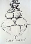  audiophilekitsune big_breasts breasts female gesture horn huge_breasts humanoid inverted_nipples looking_at_viewer monochrome nipples nude pubes sitting smile solo sweat tongue tongue_out traditional_media_(artwork) voluptuous 