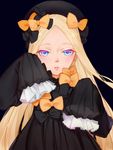  abigail_williams_(fate/grand_order) bangs black_background black_bow black_dress black_hat blonde_hair blue_eyes bow commentary_request dress eyebrows_visible_through_hair fate/grand_order fate_(series) forehead hair_bow hands_up hat long_hair long_sleeves looking_at_viewer orange_bow parted_bangs parted_lips polka_dot polka_dot_bow sakyou_nashihana simple_background sleeves_past_fingers sleeves_past_wrists solo very_long_hair 