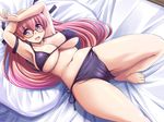  1girl bed bikini black_bikini black_swimsuit blush breasts cameltoe crotch erect_nipples female from_above glasses indoors large_breasts long_hair looking_at_viewer lying navel on_back open_mouth original pink_hair purple_eyes solo string_bikini swimsuit tonpuu 