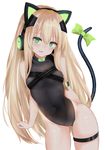  absurdres animal_ears arm_at_side arm_behind_back bangs black_leotard blonde_hair blush bow breasts cat_ear_headphones cat_ears cat_tail character_name collarbone commentary_request eyebrows_visible_through_hair eyes_visible_through_hair girls_frontline green_bow green_eyes hair_between_eyes headphones heart heart-shaped_pupils highres leotard long_hair looking_at_viewer navel open_mouth ribbon ru_zhai shiny shiny_skin sidelocks simple_background skindentation small_breasts solo standing symbol-shaped_pupils tail tareme thigh_strap thighs tmp_(girls_frontline) very_long_hair white_background 