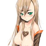  akinonasi between_breasts blush breasts brown_hair chocolate chocolate_heart detached_sleeves green_eyes heart large_breasts long_hair nipples solo tales_of_(series) tales_of_the_abyss tear_grants valentine white_background 