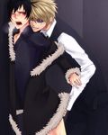  2boys against_wall anal_fingering angry artist_request belt black_hair blonde_hair blush bottomless duo durarara!! fingering fur_trim glasses heavy_breathing heiwajima_shizuo izaya_orihara jacket male male_focus multiple_boys orihara_izaya panting shirt shizuo_heiwajima sunglasses undressing vest white_shirt yaoi 